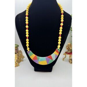 Vintage Karla Jordan Necklace Multicolor And Half Moon Pendant Asymetric Inlay